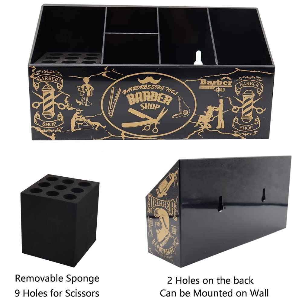 Flytreal Barber Scissor Shear Holder Box, Hair Salon Supplies Acessories Tool Station Desk Organizer Case, Combs Clips Scissors Stand Storage for Stylist Groomers Hairdressers (L-Black)