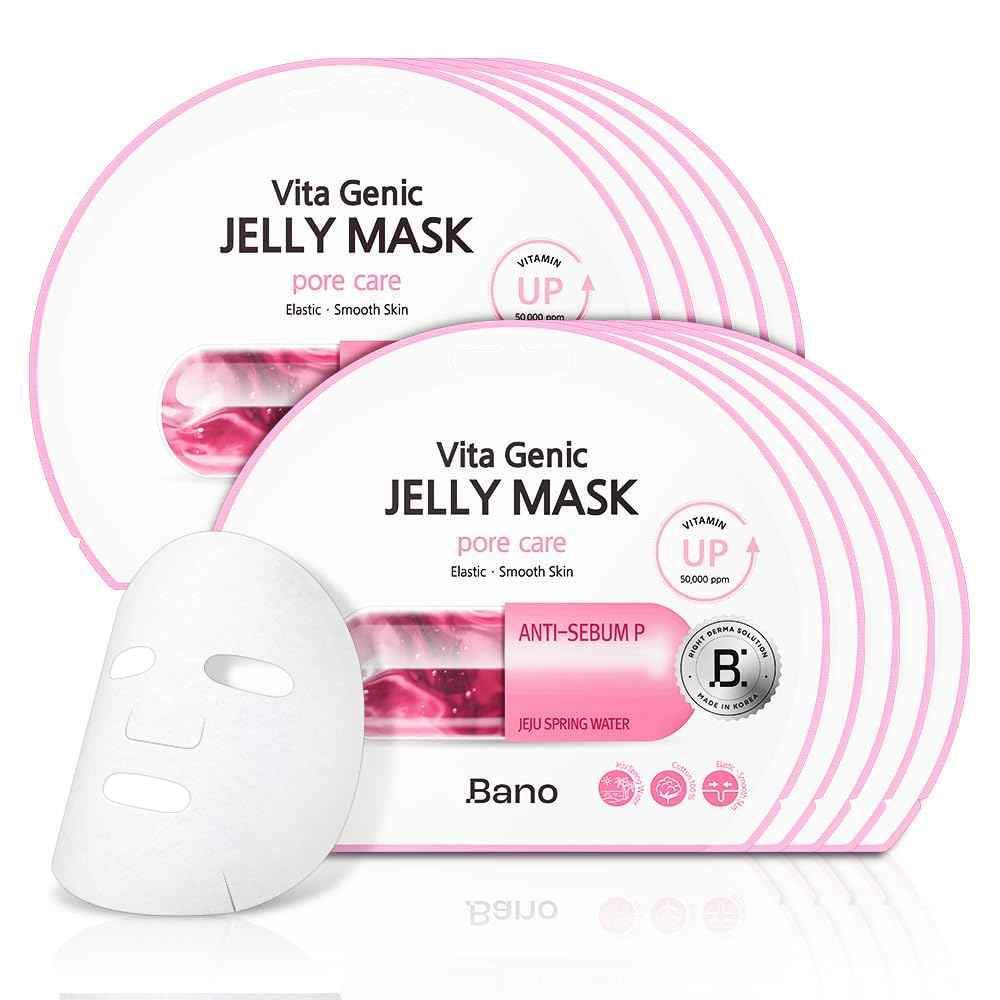 Bano Vita Genic Jelly Face Pore Care Mask 10EA – Hydrating Sheet Mask for Sensitive Skin, Korean Glass Skin Care with Spring Water, Vitamin C and Niacinamide, Sebum Control, Fragrance-Free