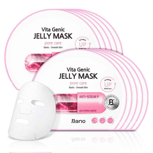Bano Vita Genic Jelly Face Pore Care Mask 10EA – Hydrating Sheet Mask for Sensitive Skin, Korean Glass Skin Care with Spring Water, Vitamin C and Niacinamide, Sebum Control, Fragrance-Free