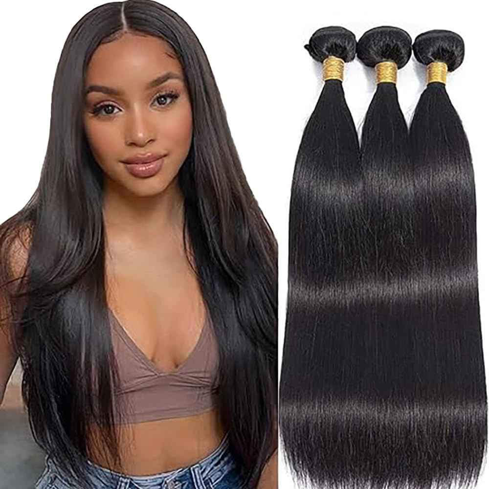 Straight Human Hair Bundles 14 16 18 Inch 1B Color Natural Black Human Hair 12A Unprocessed Native Virgin Hair 100/PC 3 Extensions Wet and Wavy Weave for Women