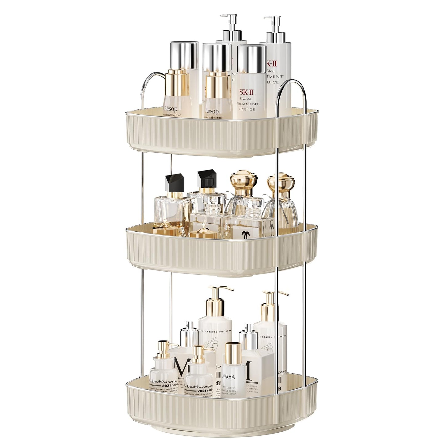 YCIA&DONE 360 Rotating Makeup Organizer for Vanity, 3 Tiers New Square Shaped Cosmetics Skincare Bathroom Organizers Countertop, Perfume Stand Counter Tray, Warm White