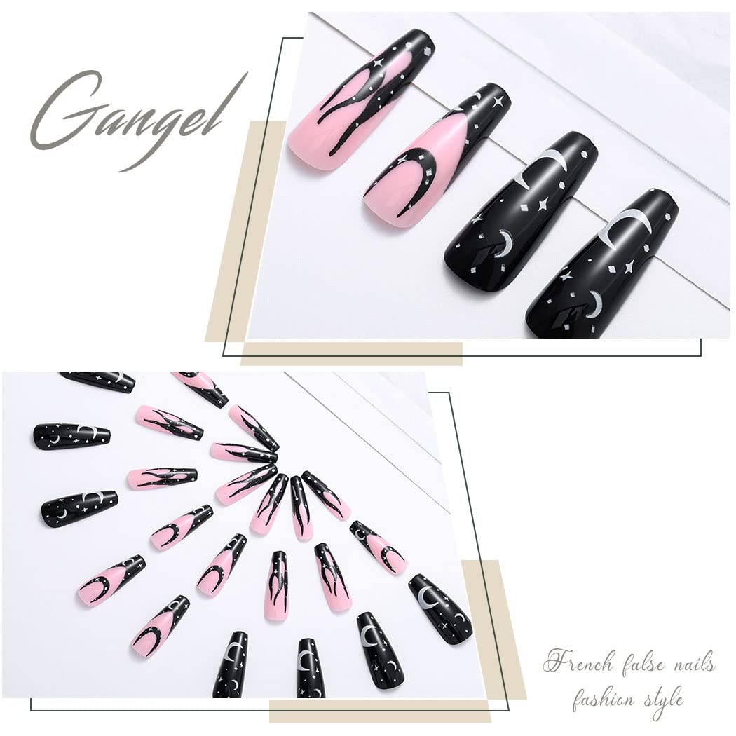 Gangel Extra Long Press on Nails Ballerina False Nails Glossy Coffin Fake Nail Gothic Full Cover Moon Stars Fake Nails Acrylic Daily Wear Party Gifts for Women and Girls 24Pcs (Moon)