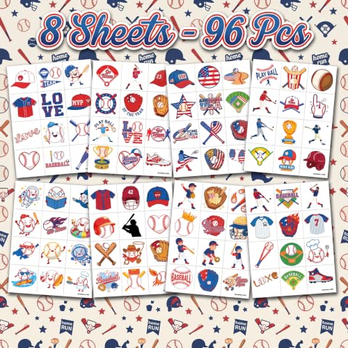 96 Pre-Cut Baseball Temporary Tattoos for Kids