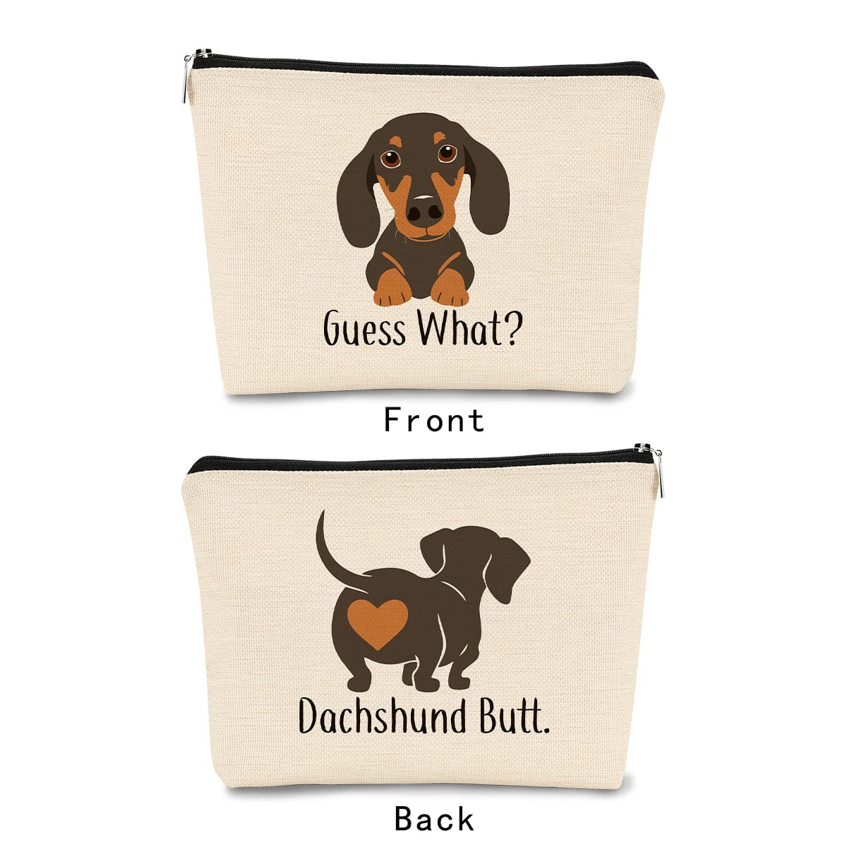 BARPERY Funny Dachshund Makeup Bag,Guess What It's Pug Butt Cartoon Cute Sausage Dog Puppy Cosmetic Bag Best Gift Idea for Dog Loves,Birthday for Dachshund Mom Girls Women， Teen Girls Daughter