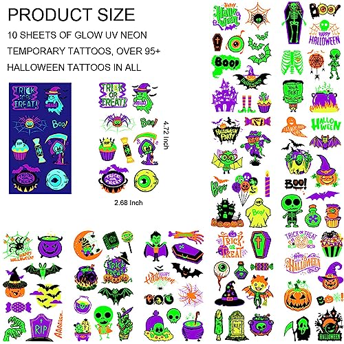 UV Glow Temporary Tattoos - 10 Sheets, 95+ Halloween Designs