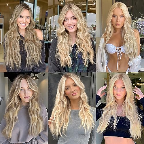 MORICA Invisible Wire Hair Extensions - 20 Inch Halo Hair Extension Long Wavy Synthetic Hairpiece with Transparent Wire Adjustable Size, 4 Secure Clips for Women (Ash Blonde Mixed Light Blonde,20Inch)