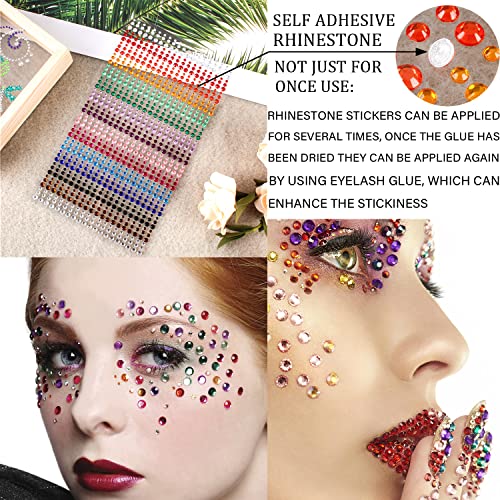 1250 Pcs Self-Adhesive Rhinestone Face Gems - 16 Colors