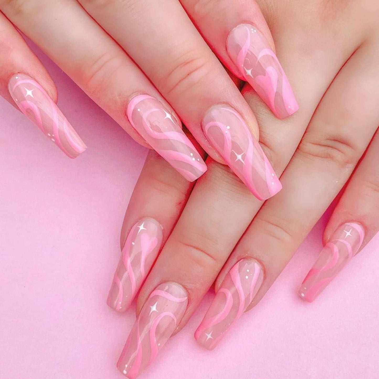 Vemalo Press on Nails Long Swirl Nails for Women Press on Acrylic Nails Pink Coffin Press on False Nails 24Pcs(Style 1)