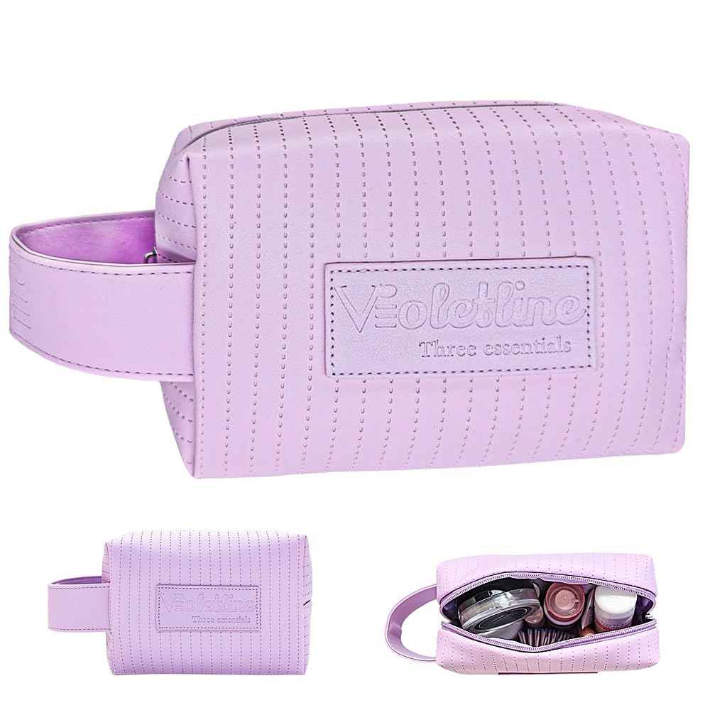 Violetline Women's Cosmetic Bag Essentials, Perfect Christmas Gifts! Elegant Preppy Travel Makeup Bag, Ideal Waterproof Leather Cosmetic Bag for Girls and Moms (Light Purple Cosmetic bag)