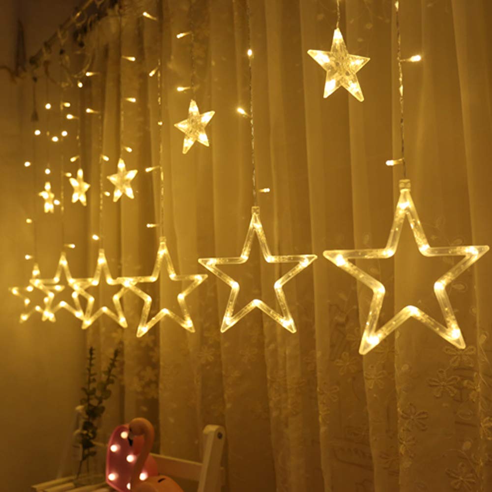 Twinkle Star 12 Stars 138 LED Curtain String Lights, Window Curtain Lights with 8 Flashing Modes Ramadan Decoration for Christmas, Wedding, Party, Home Decorations,Warm White