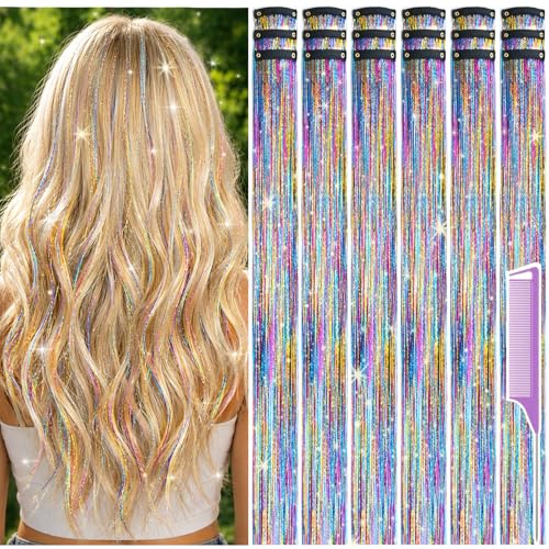 Hair Tinsel Clip-in Pack of 18 Pcs Rainbow Sparkle Extensions