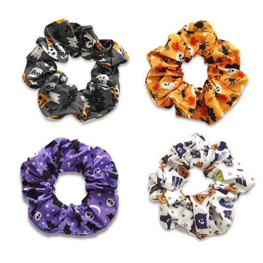 4 Packs Halloween Scrunchies Hair Ties Silk Satin Scrunchy for Hair Halloween Spooky Ghost Pumpkin Spider Bat Print Design Elastic Hair Bands Ponytail Holders Hair Scrunchy for Women Hair Accessories