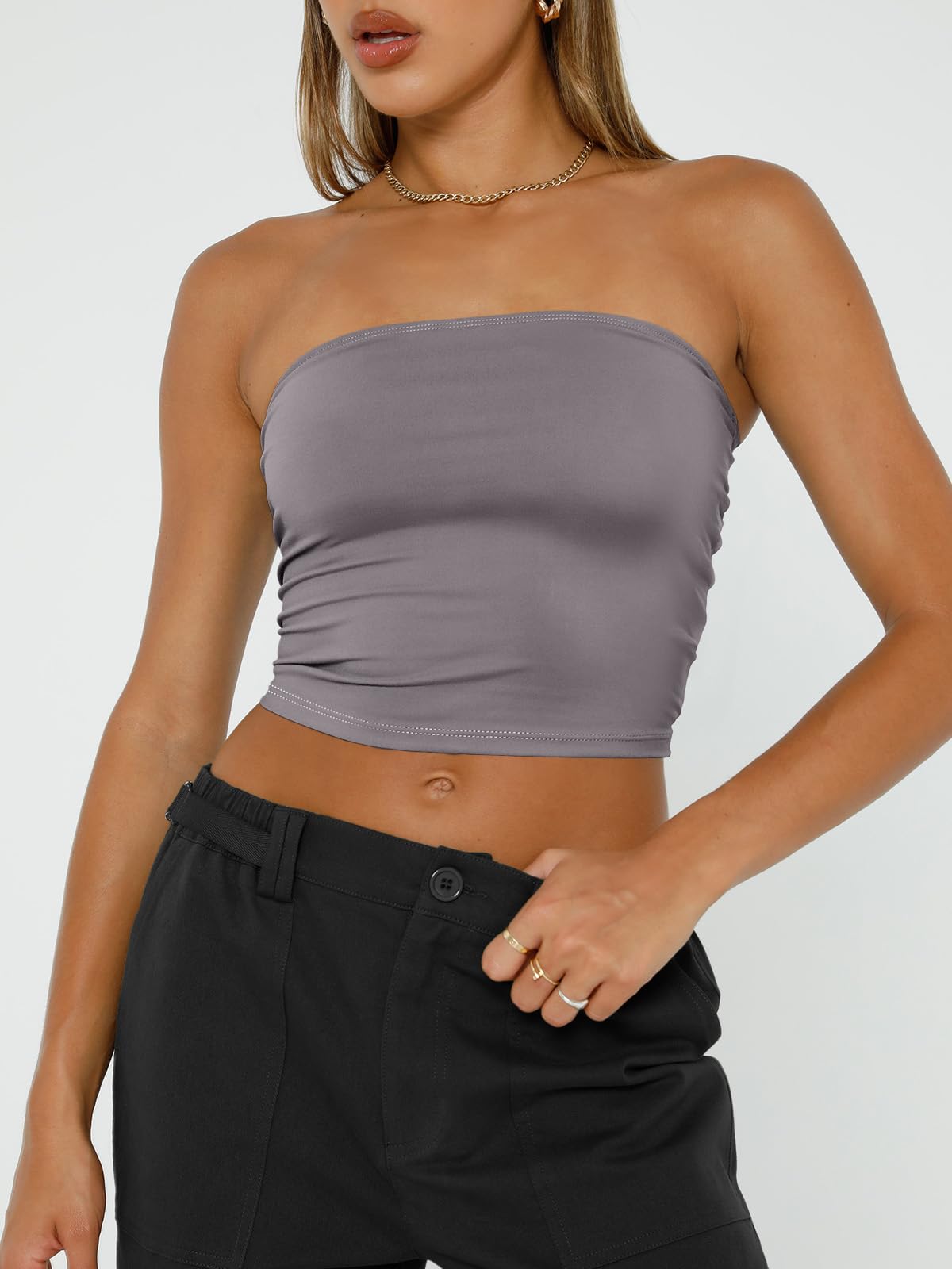 Trendy Queen Crop Tops for Women Bandeau Strapless Summer Vacation Outfits 2024 Sexy Tube Going Out Tops Basic Backless Cute Sleeveless Slim Fit Teen Girls Clothes Gray