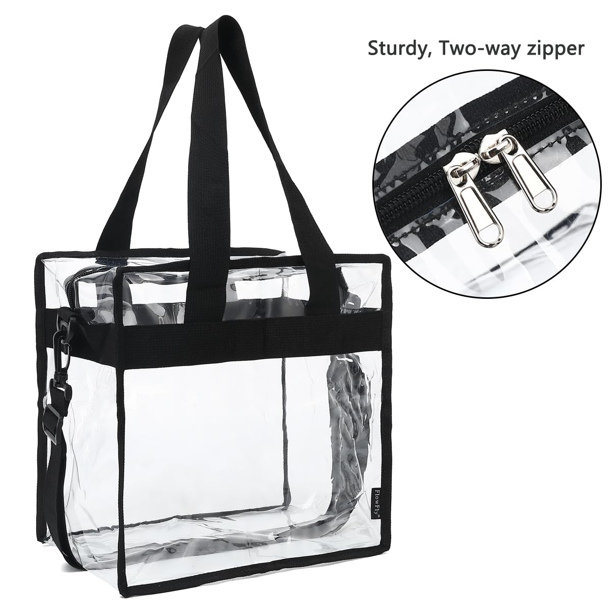 Flowfly Clear Bag Stadium Approved, Clear Beach Lunch Bag for Work Sports Festival - 2 Handles, Adjustable Strap, Zipper Closure, Clear