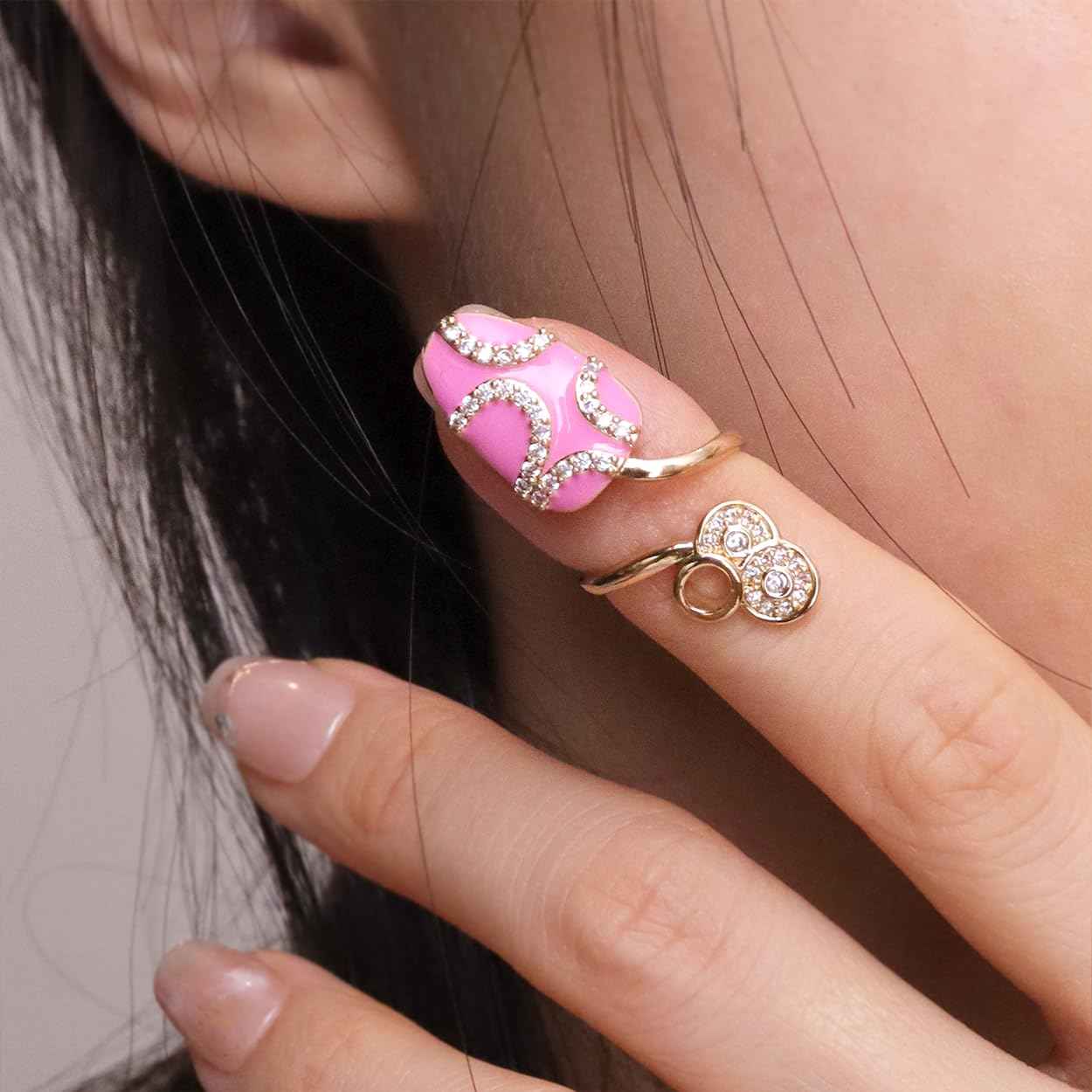 Jean Beau Pink Finger Nail Ring for Women Teen Art Round Rhinestones CZ Finger Cap Cover Tip Rings Gold Metal Nail Decoration Nail Protect Fashion Jewelry Gift