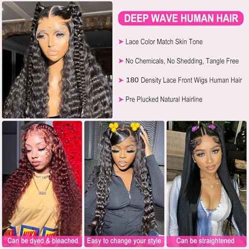 32 Inch Deep Wave Lace Front Wigs Human Hair 13x6 Curly Lace Front Wigs Human Hair for Women 180 Density Deep Wave Wig Pre Plucked HD Lace Frontal Natural Color