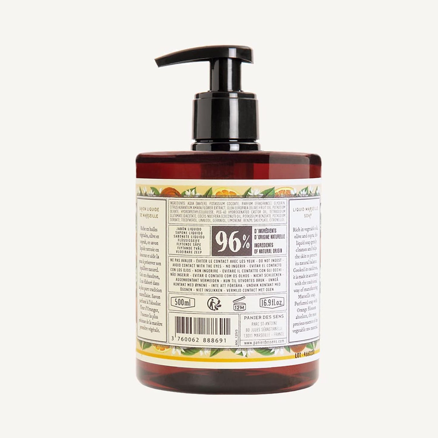 Panier des Sens - Liquid Hand Soap - Orange Blossom Hand Wash - French Marseille Moisturizing Hand Soap with Coconut Oil - Refillable Kitchen & Bathroom Hand Soap - 96% Natural Ingredients -16.9 Fl.oz