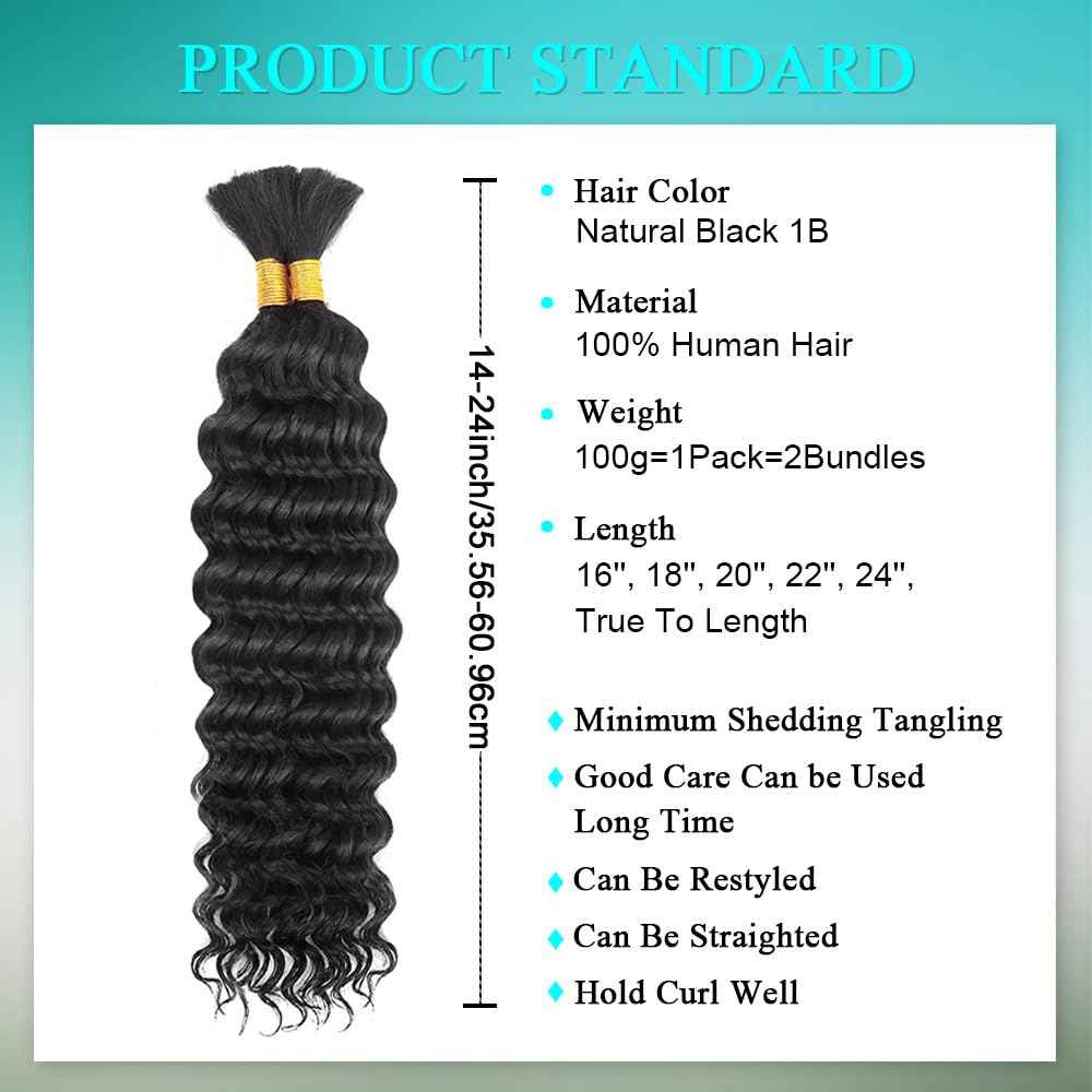 Human Braiding Hair 1B Deep Wave Boho Bulk Human Hair for Braiding Knotless 110g 18 Inch Curly Boho Braids Human Hair 12A Wet and Wavy Bohemian 2 No Weft Bundles/Pack Curly Braids Natural Color