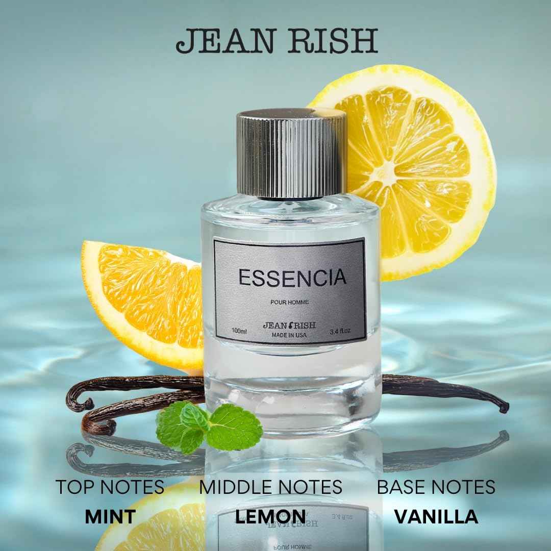 Jean Rish Essencia Pour Homme Eau De Parfum for Men (3.4 Fl Oz / 100ml) with Mint, Lemon & Vanilla Notes - Long Lasting and Luxury Fragrance, Made in USA
