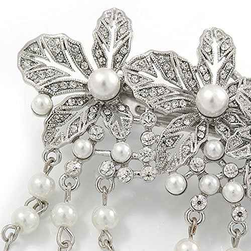 Rhodium Plated Clear Crystal, White Faux Pearl Floral Barrette Hair Clip Grip - 95mm Across