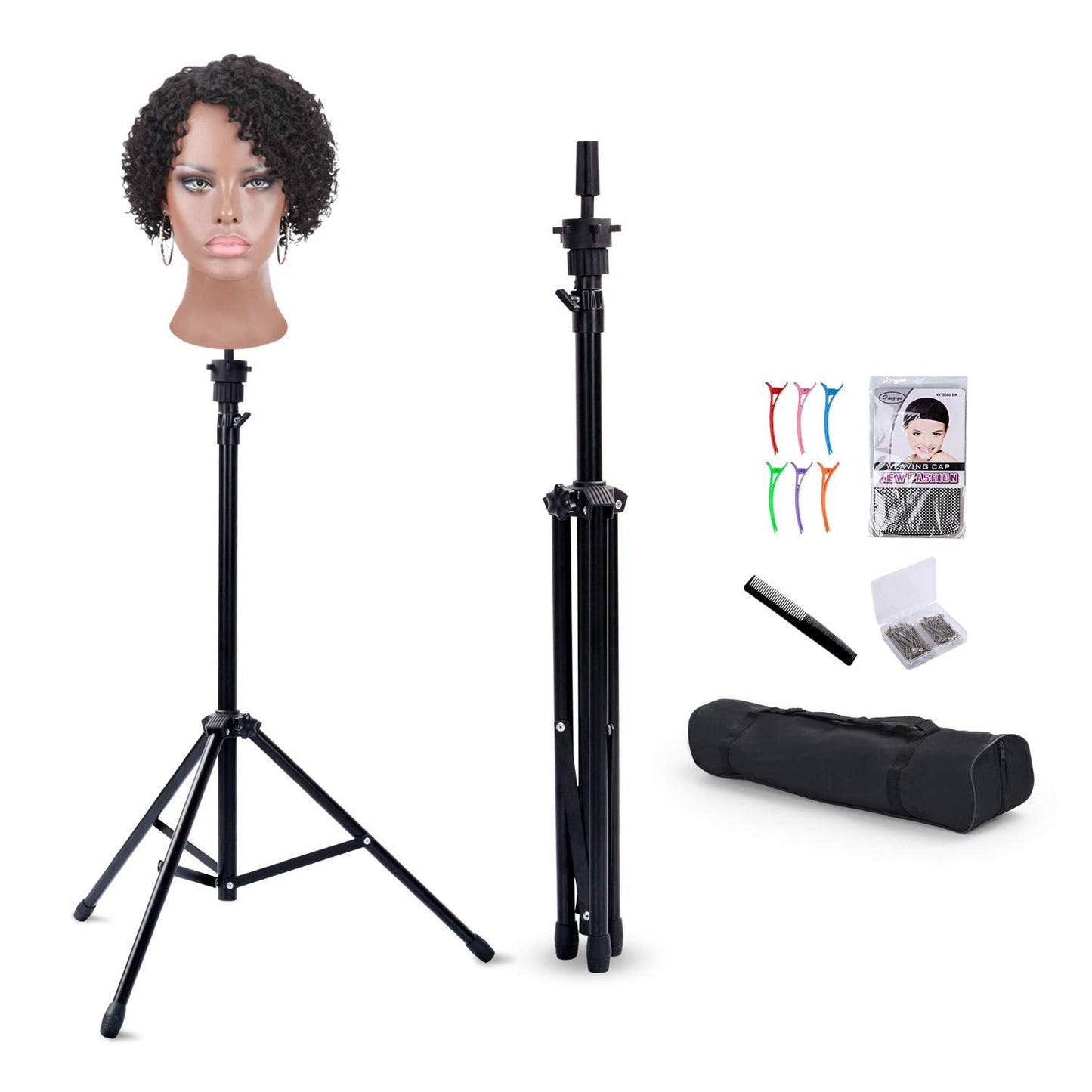 Klvied Reinforced Wig Stand Tripod Mannequin Head Stand, Adjustable Holder for Cosmetology Hairdressing Training with T-with Caps, T-Pins, Comb, Hair Clip, Carrying Bag