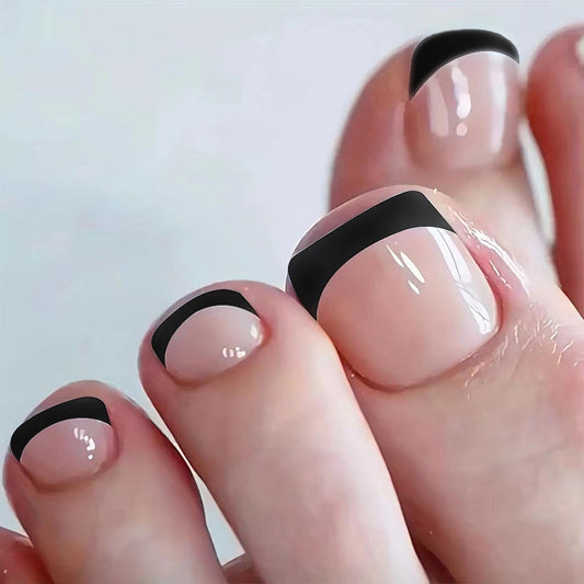 MISUD Black Press on Toenails Glossy Fake Toe Nails Glue on Toenails French Tip Acrylic Toe Fake Nails Summer False Toenails with Design Full Cover Press-on ToeNails for Women 24pcs