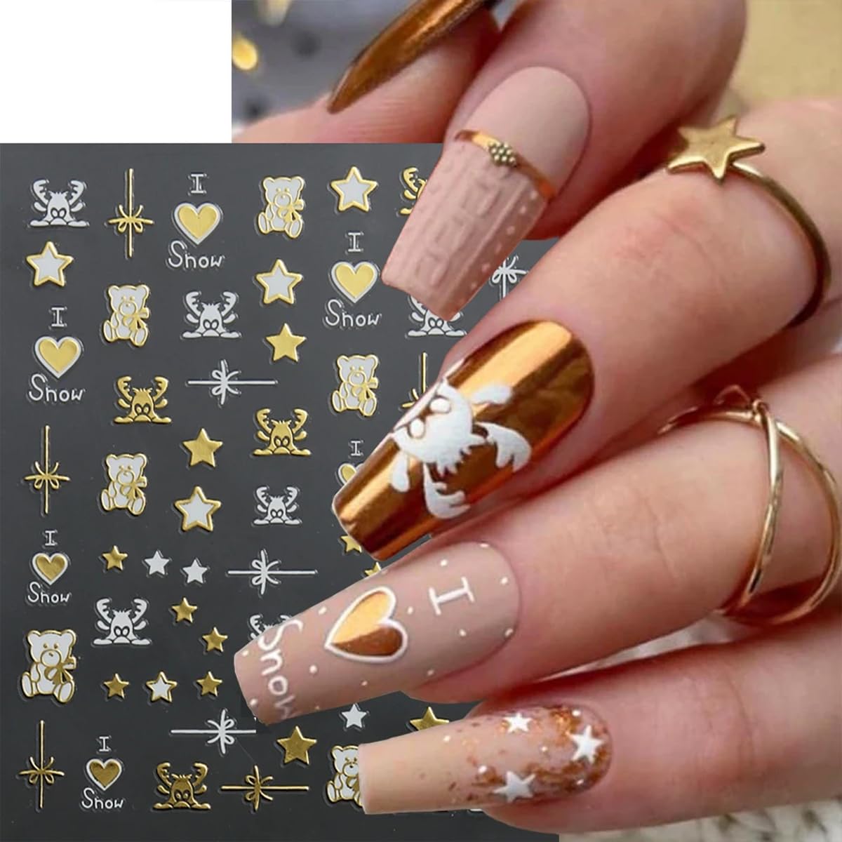 Christmas Nail Art Sticker Decals 8 Sheets Gold Silver Snowflake Nail Decals Elk Star Christmas Tree Gingerbread Man Design Holiday Nail Stickers Xmas Acrylic Nail Art Decorations Supplies for Women