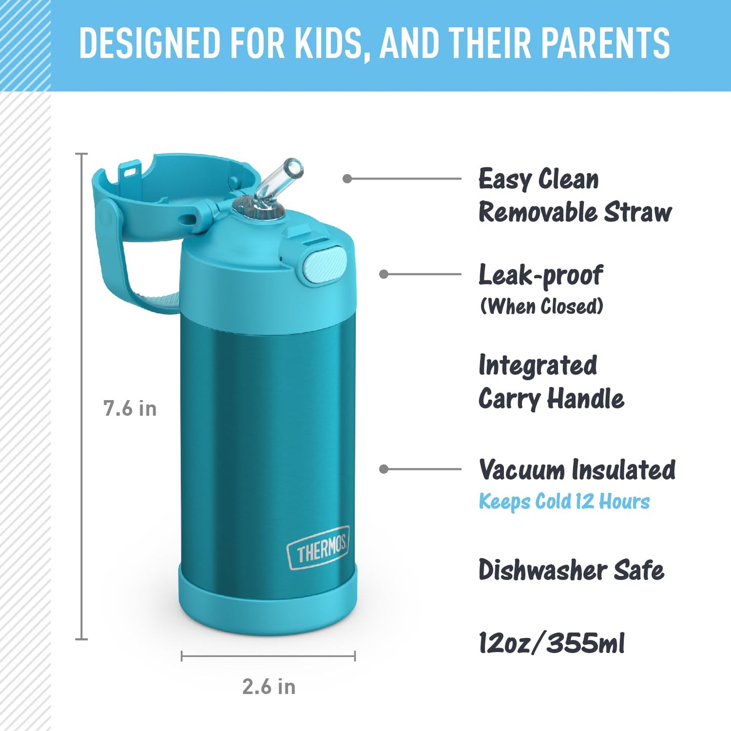 THERMOS FUNTAINER Water Bottle with Straw - 12 Ounce, Teal - Kids Stainless Steel Vacuum Insulated Water Bottle with Lid