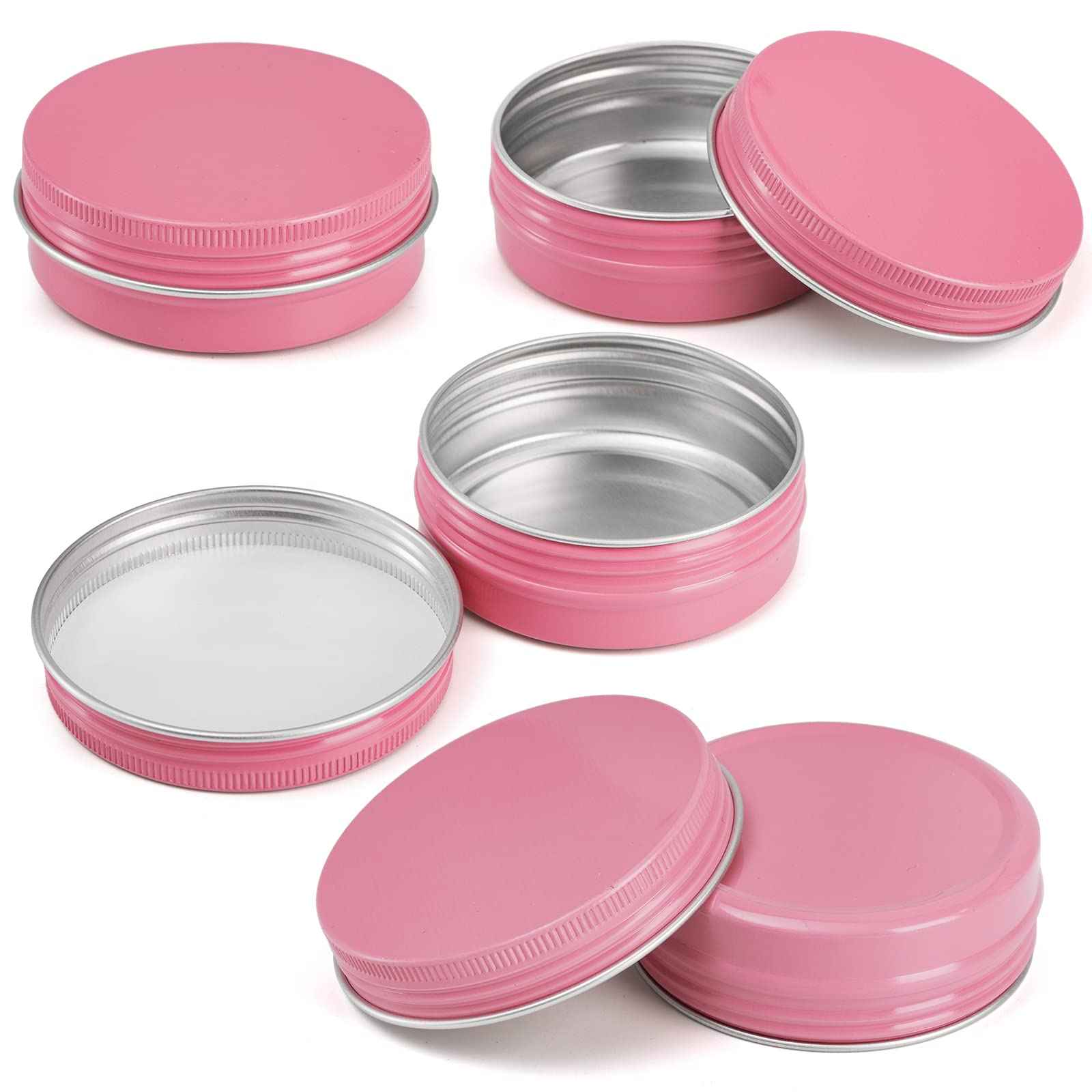 Foraineam 48 Pack 2 oz Screw Top Round Tin Cans with White Labels, Pink Aluminum Cosmetic Sample Containers, Metal Empty Tins Travel Storage Tin Jars for Lip Balm, Salve, Spice, Candy or Crafts