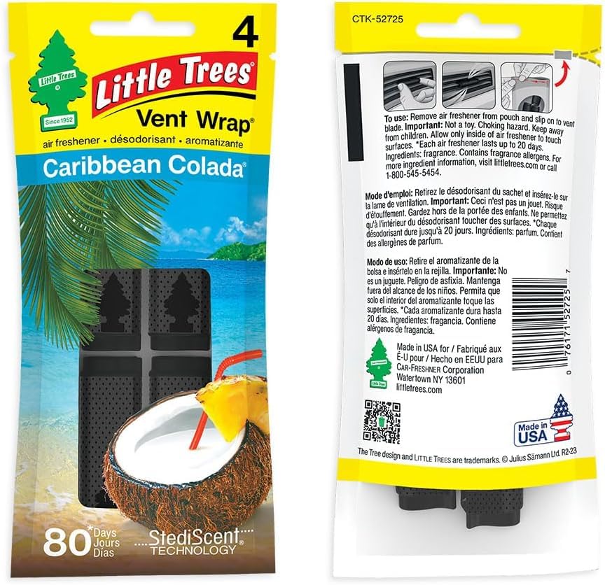 LITTLE TREES Car Air Freshener. Vent Wrap Provides Long-Lasting Scent, Slip on Vent Blade. Caribbean Colada, 16 Air Fresheners, 4 Count (Pack of 4)