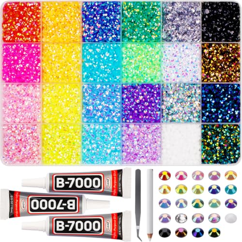 Worthofbest 17000Pcs 4mm Jelly AB Rhinestones Kit – 24 Colors + Mix Colors, 24 Grids Box, 3 B7000 Glue, Tools