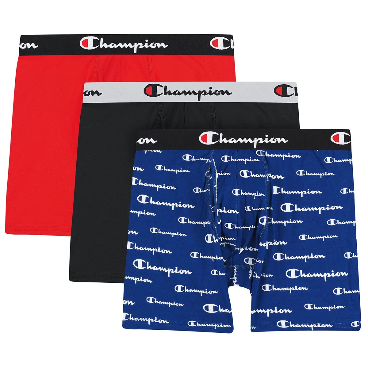 Champion Men's Boxer Briefs, Every Day Comfort Stretch Cotton Moisture-Wicking Underwear, Multi-Pack, Blue White Script Logo/Black/Red-3 Pack, Small