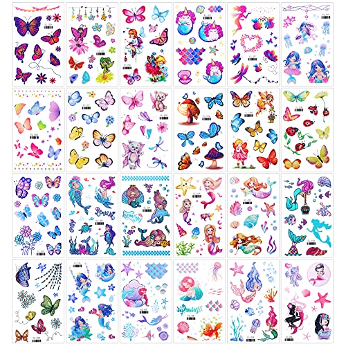 Konsait Glitter Temporary Tattoo for Girls, 24 Sheets Butterfly Mermaid Fairy Flowers Tattoo Stickers for Kids, Waterproof Fake Tattoos for Birthday Party Favors Goodie Bags Stuffers Party Fillers