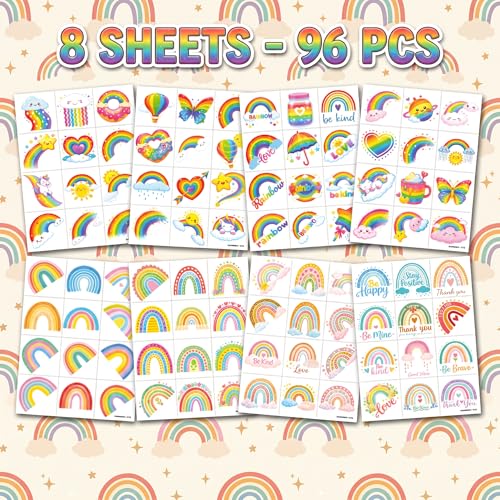 96 Pastel Rainbow Temporary Tattoos for Kids