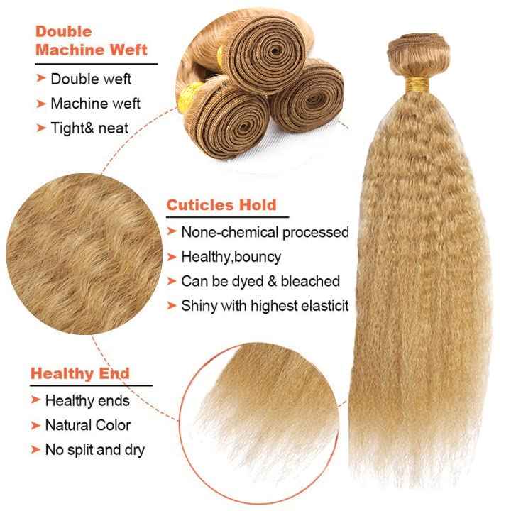 26 28 30 Inch Honey Blonde Bundles Color #27 Kinky Straight Human Hair Extensions Brazilian Virgin Hair 3 Bundles Hair Weave