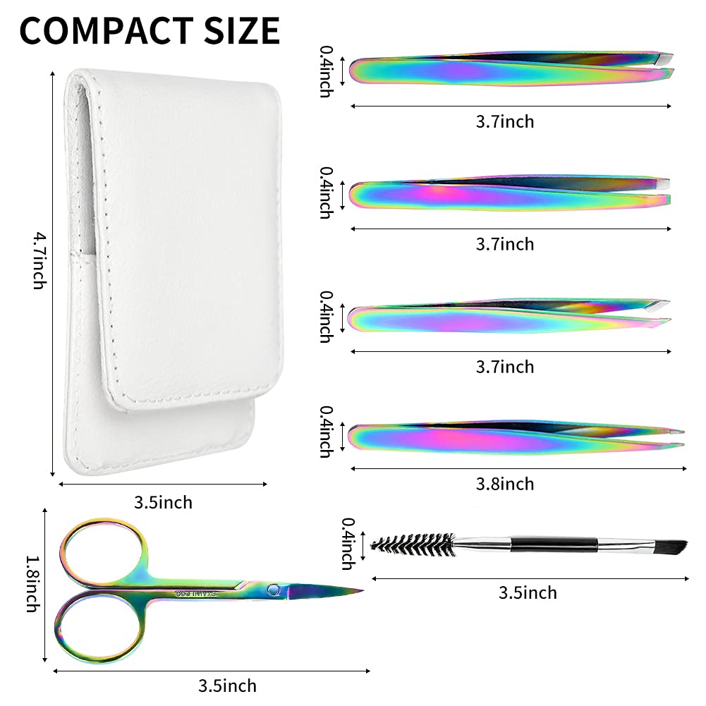 Precision Eyebrow Tweezers Set White Pack of 6 for Ingrown Facial Hair Removal Scissors Slant Pointed Tweezer Kit for Women Men with Leather Case Gift