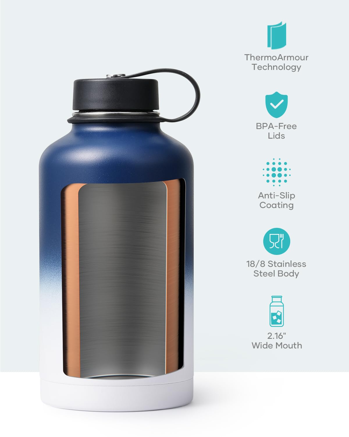 BUZIO Vacuum Insulated Stainless Steel Water Bottle 64oz (Cold for 48 Hrs/Hot for 24 Hrs) BPA Free Double Wall Travel Mug/Flask for Outdoor Sports Hiking, Cycling, Cam,Camping, Running, Tuxedo