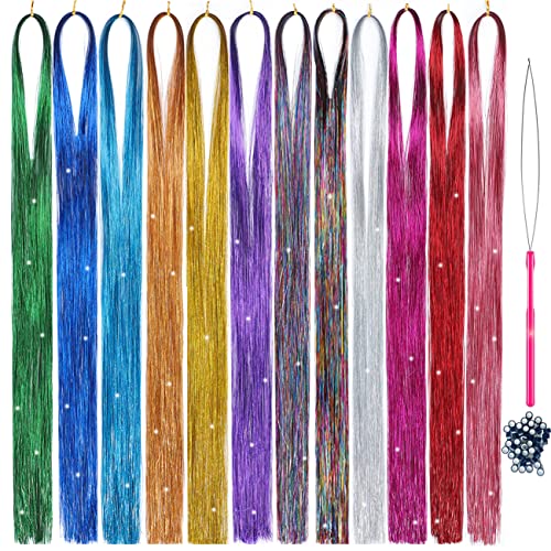 Hair Tinsel kit Fairy Hair Tinsel Kit 47 Inch Hair Extensions Hair Tinsel Kit Strands with Tool 12 Colors 2280 Strands Sparkling Glitter Fairy Hair Tinsel (12 Colors)