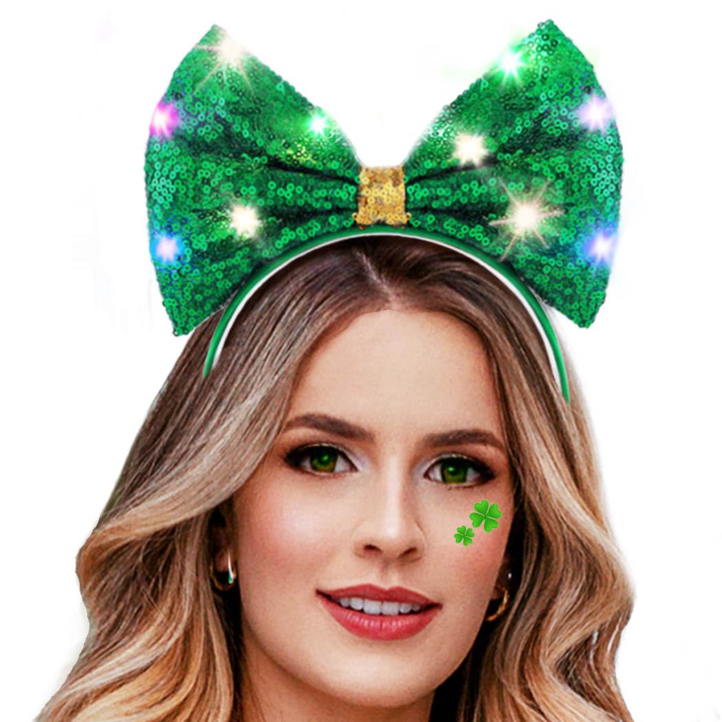 Firuilo Light Up Christmas Green Bow Headbands LED Sequins Bowknot Hair Accessories for Women