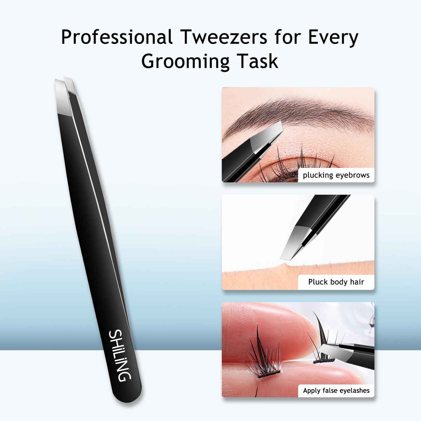 Shiling Professional Eyebrow Tweezers, Black, Stainless Steel, 1mm Ultra-Thin Tip, Anti-Rust Coating, Precision Slanted Design for Facial Hair Removal