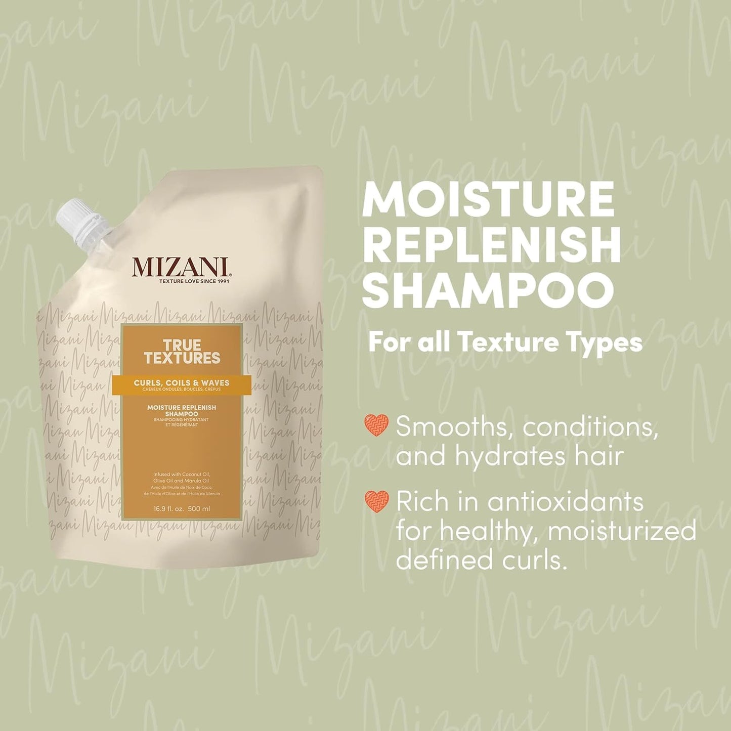 Mizani True Textures Moisture Replenish Shampoo | Smooths & Hydrates | with Coconut Oil | Sulfate & Paraben-Free | for Curly Hair | 16.9 Fl Oz