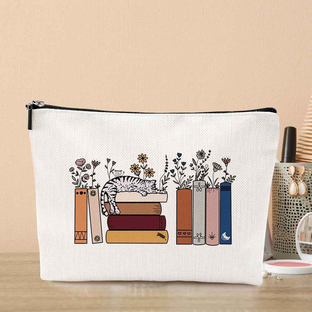Cute Cat Gifts for Cat Lovers, Makeup Bag Book Lovers Gifts, Bookish Cosmetic Bag Book Club Reading Present for Women Girls Friend Reader Mom Nurse Grandma Birthday Mothers Day Graduation Christmas