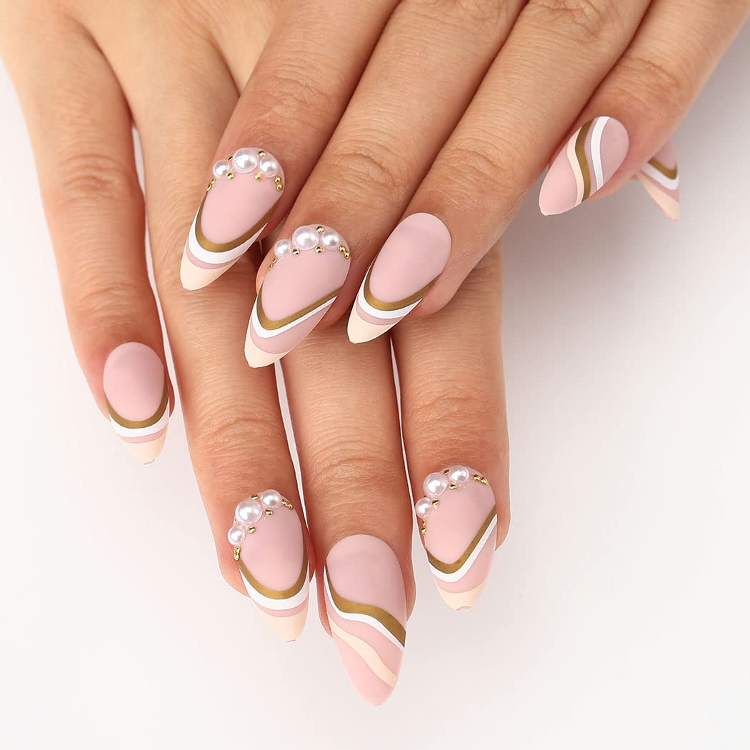 Outyua Pearls Matte Almond Press on Nails Nude Medium Length False Nails with Designs Acrylic Nail Tips Artificial Fake Nail with Adhesive 24Pcs for Women and Girls (Pearl)