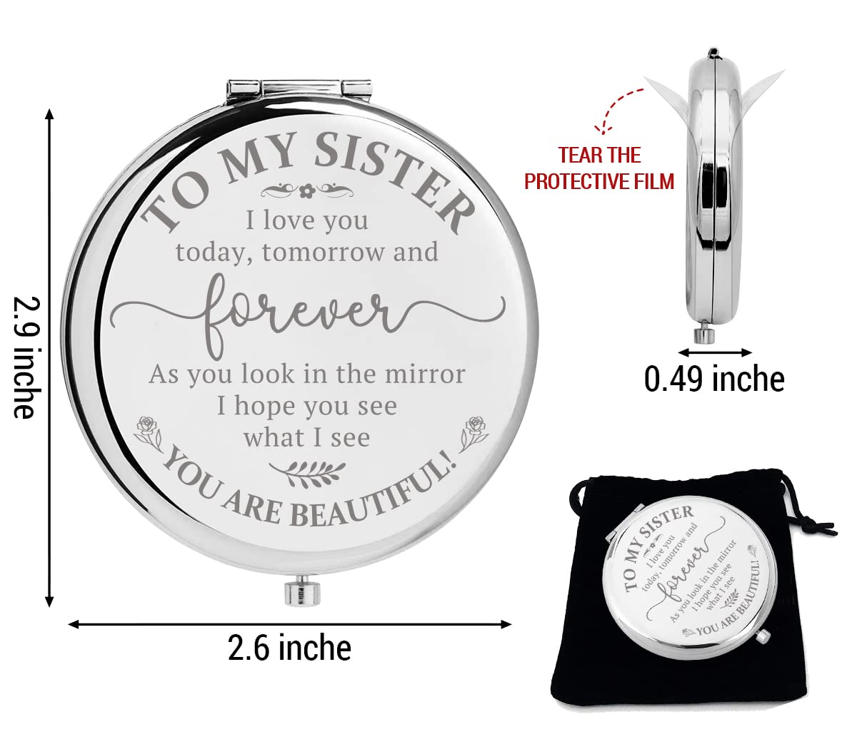 LRUIOMVE Sister Gift from Sister Brother, Inspirational Sliver Engraved Travel Makeup Mirror, Compact Pocket Cosmetic Mirror for Sister Girl Friends Birthday Christmas Graduation Gift