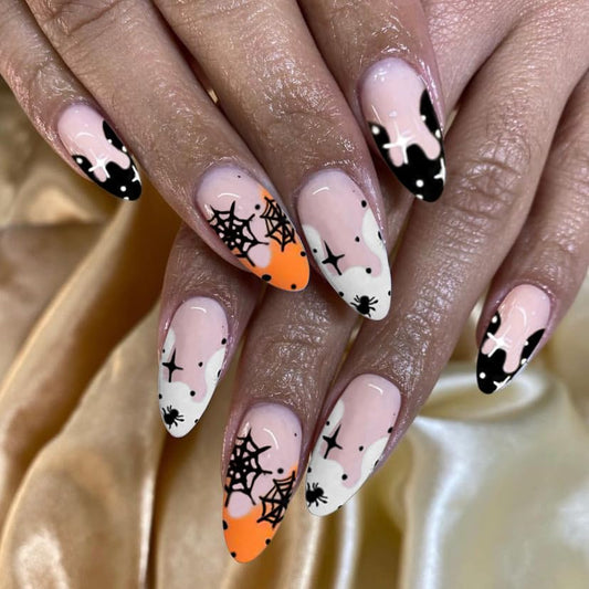 24Pcs Halloween Press on Nails Medium Length Almond Fake Nails Full Cover Black Spider Web Stick on Nails White Orange French Tip Artificial Acrylic Nails with Stars Design False Nails for Women Girls