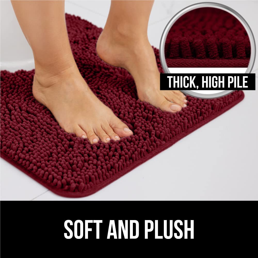 Gorilla Grip Plush Absorbent Shaggy Chenille Bath Rug Mat for Toilet Base with Rubber Backing, Machine Washable, Microfiber Bathroom Contour Mats for Toilets, Bath Room Decor Square 22.5x19.5 Burgundy