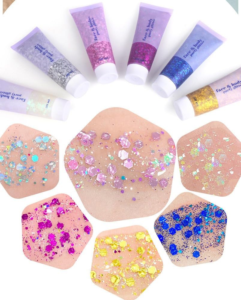 3 Color Face Glitter Gel, Body Glitter, Neon Outfit Glow Party, for Women Face Body Glitter Makeup. (01#Blue+ 03#Pink+06#White)