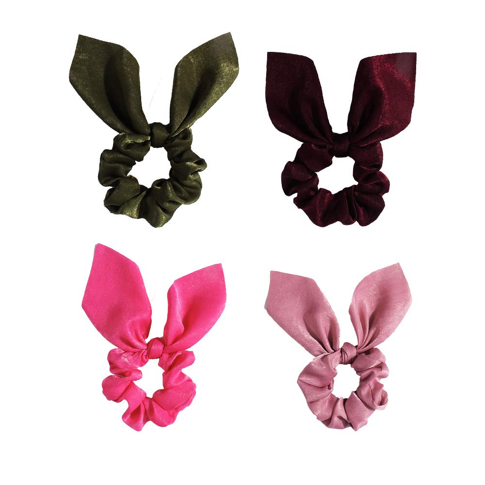 Solid Colors Hair Scrunchies Cute Bunny Ears Hair Ties Ponytail Holders with Bow Women Girls (4 Colors-D-Red wine,Dark green,Navy blue,Maroon)