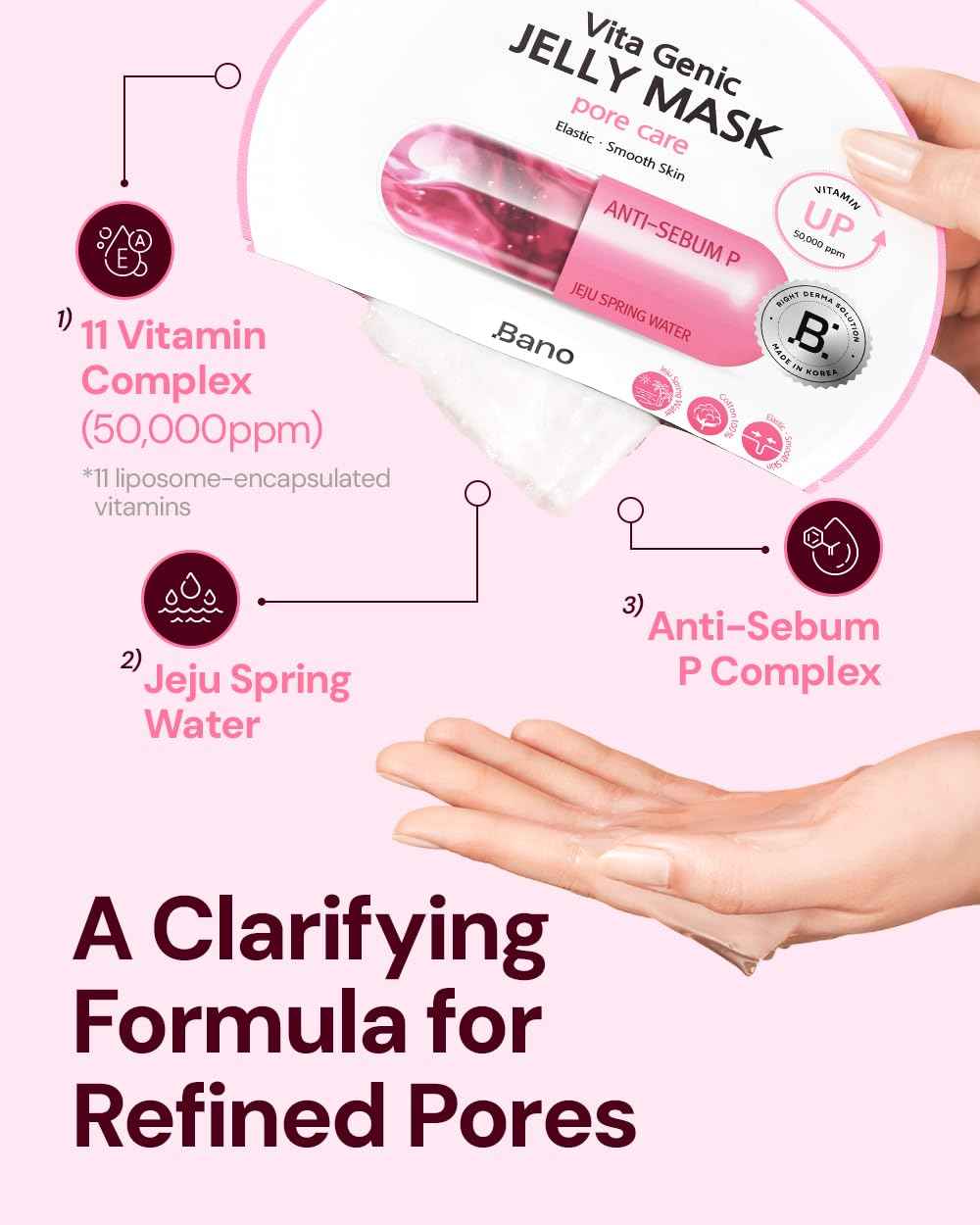 Bano Vita Genic Jelly Face Pore Care Mask 10EA – Hydrating Sheet Mask for Sensitive Skin, Korean Glass Skin Care with Spring Water, Vitamin C and Niacinamide, Sebum Control, Fragrance-Free