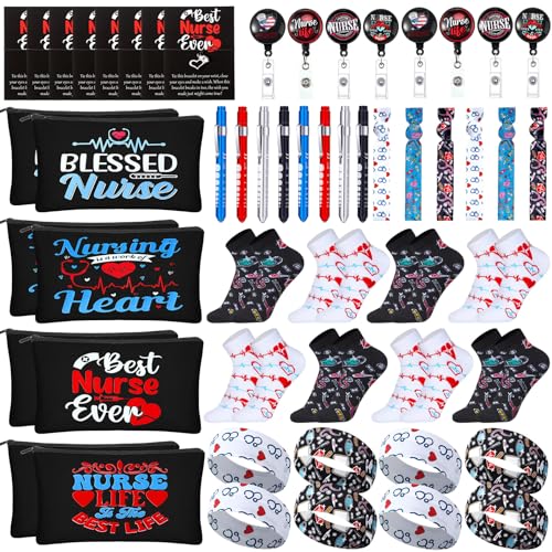 72 Pcs Nurses Gifts Bulk Nurses Week Appreciation Gift Women with Socks Makeup Bags Penlight Badge Reels Headband Bracelet Hair Rope for Employees Doctors Team Nursing Pharmacists Staff